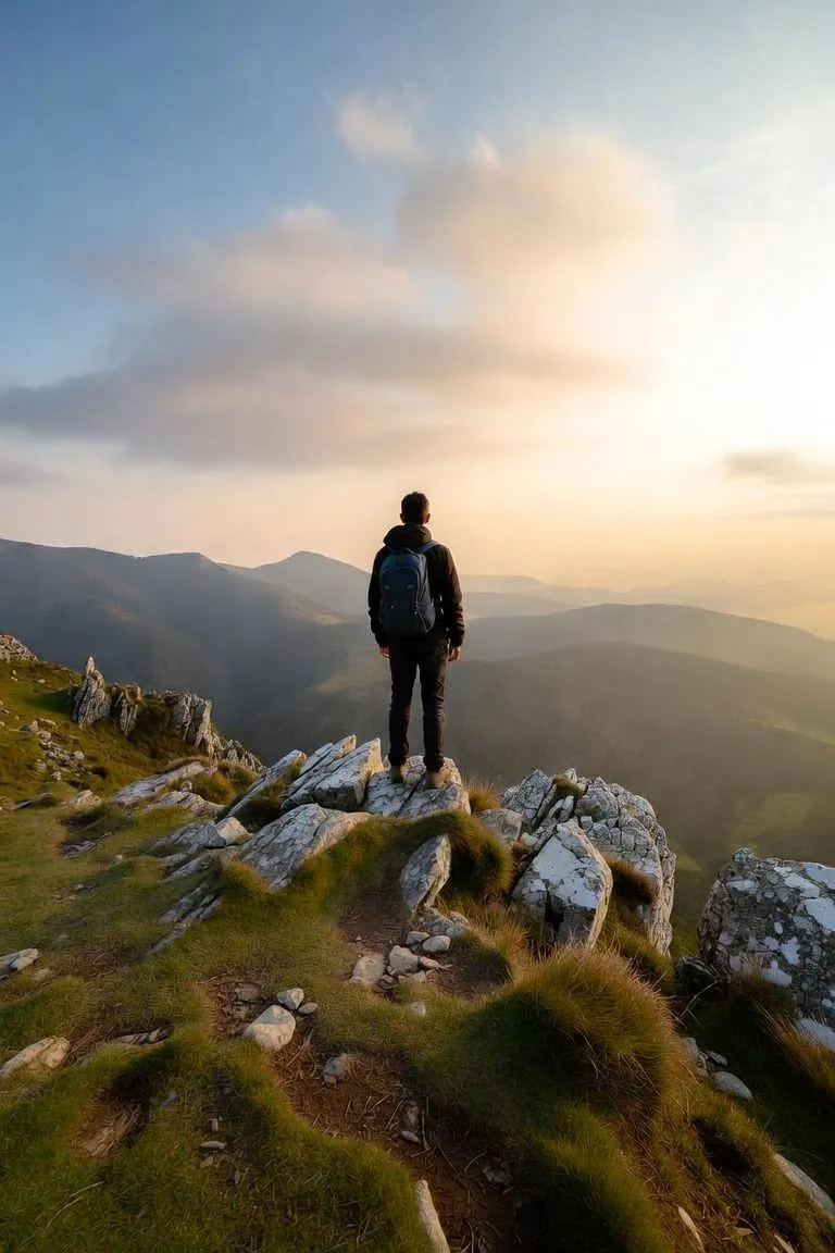 Wanderer blickt bei Sonnenaufgang über ein weites Tal — Symbol für Weitblick